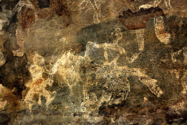 The rockscape features images of elephants, sambar, bison, deer, stylised peacocks dance alongside rhino, hunting, battle and pastoral scenes and depictions of community life. (Kalpak Pathak/HT Photo) The rockscape features images of elephants, sambar, bison, deer, stylised peacocks dance alongside rhino, hunting, battle and pastoral scenes and depictions of community life. (Kalpak Pathak/HT Photo)