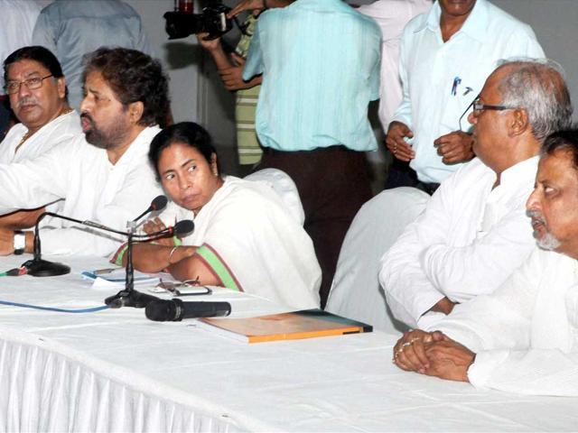 West Bengal chief minister and Trinamool Congress supremo Mamata Banerjee with prominent leaders Mukul Roy (extreme right), Sudip Bandyopadhyay (to Mamata’s right), and others. (PTI FILE PHOTO) West Bengal chief minister and Trinamool Congress supremo Mamata Banerjee with prominent leaders Mukul Roy (extreme right), Sudip Bandyopadhyay (to Mamata’s right), and others. (PTI FILE PHOTO)