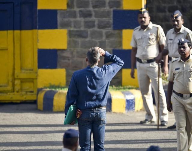 Actor Sanjay Dutt salutes the Indian flag outside Pune’s Yerwada Central Jail after completing his jail term on Feb 25, 2016. (IANS) Actor Sanjay Dutt salutes the Indian flag outside Pune’s Yerwada Central Jail after completing his jail term on Feb 25, 2016. (IANS)