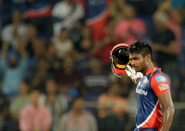 Delhi Daredevils batsman Sanju Samson celebrates after scoring a century against Rising Pune Supergiant at the Maharashtra Cricket Association Stadium in Pune on Tuesday. (AFP) Delhi Daredevils batsman Sanju Samson celebrates after scoring a century against Rising Pune Supergiant at the Maharashtra Cricket Association Stadium in Pune on Tuesday. (AFP)