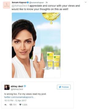 Actor Sonam Kapoor, who has herself endorsed a fairness product, had a brief online spat with Abhay Deol, reminding him that his cousin Esha Deol (above) had also done a similar ad.