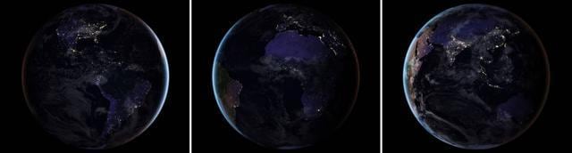 These three composite images provide full-hemisphere views of Earth at night. The clouds and sun glint — added here for aesthetic effect — are derived from MODIS instrument land surface and cloud cover products. (NASA Earth Observatory images by Joshua Stevens) These three composite images provide full-hemisphere views of Earth at night. The clouds and sun glint — added here for aesthetic effect — are derived from MODIS instrument land surface and cloud cover products. (NASA Earth Observatory images by Joshua Stevens)