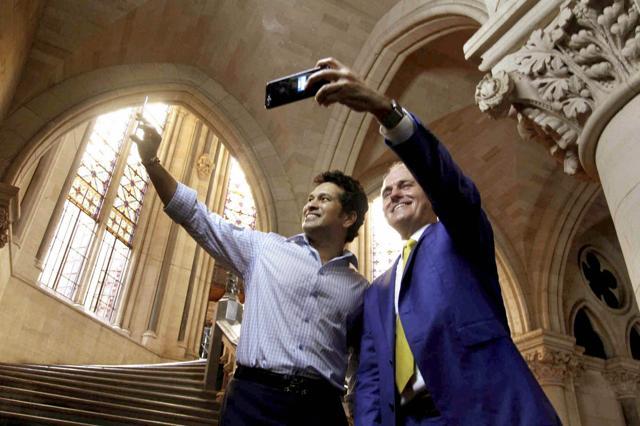 Australian Prime Minister Malcolm Turnbull and Sachin Tendulkar take selfies in Mumbai on Wednesday. (PTI) Australian Prime Minister Malcolm Turnbull and Sachin Tendulkar take selfies in Mumbai on Wednesday. (PTI)
