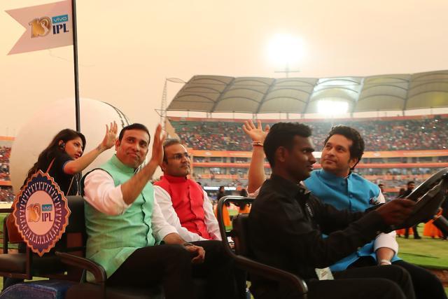 Sachin Tendulkar and VVS Laxman with Virender Sehwag during the opening ceremony of Indian Premier League 2017 at the Rajiv Gandhi Stadium in Hyderabad on April 5. (BCCI)