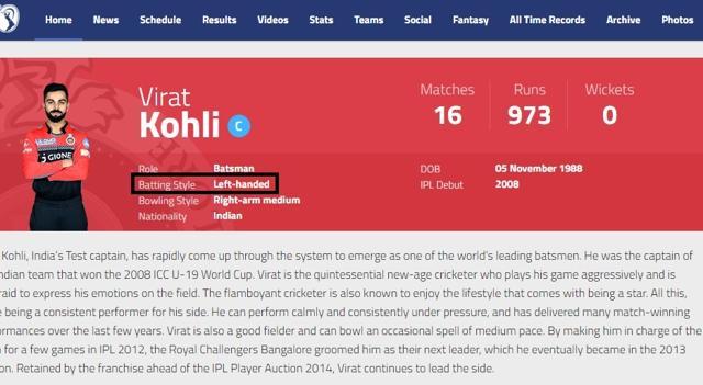 Virat Kohli’s batting style has been termed left-handed in the official website of the Indian Premier League. (IPL website)