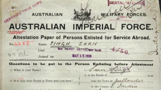 The first page of Sarn Singh’s enlistment form, filled in May 1916. (National Archives of Australia)