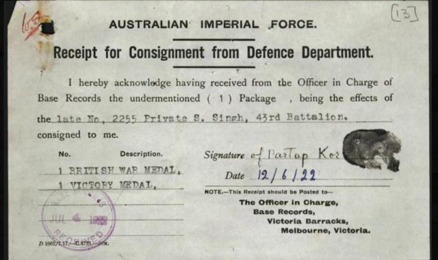 A thumb impression of Partap Kaur to acknowledge that she’s received the medals granted to her husband posthumously. (National Archives of Australia)