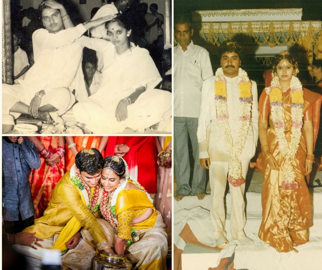 Sanjana and Akhil’s (bottom left) cheerful shot from 2013 is in stark contrast to her parents’ stiff 1985 wedding photo (right), complete with a photo bomb; and her grandparents’ grumpy 1965 wedding photo (top left). (Courtesy: Sanjana Reddy and Stories by Joseph Radhik ) Sanjana and Akhil’s (bottom left) cheerful shot from 2013 is in stark contrast to her parents’ stiff 1985 wedding photo (right), complete with a photo bomb; and her grandparents’ grumpy 1965 wedding photo (top left). (Courtesy: Sanjana Reddy and Stories by Joseph Radhik )