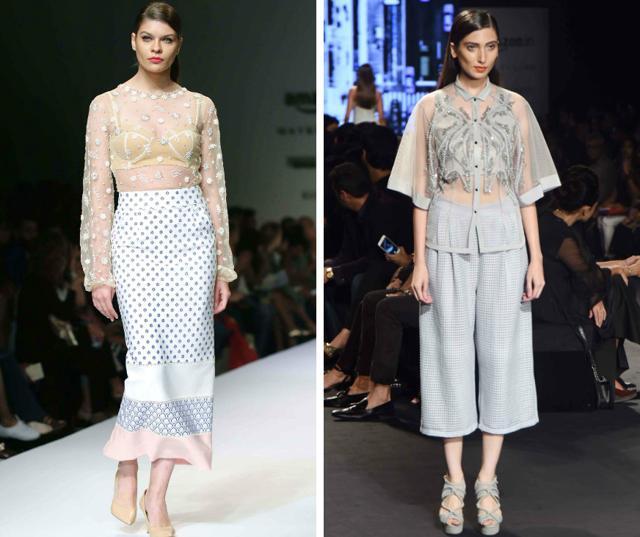A model in an embroidered sheer top with bralet by Archana Rao; a model in an embellished shirt by Rohit Gandhi Rahul Khanna. A model in an embroidered sheer top with bralet by Archana Rao; a model in an embellished shirt by Rohit Gandhi Rahul Khanna.