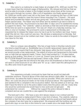 Screengrab of Anupam Singhal’s blog post. The co-founder of Book My Bai, he decided to put a blanket ban on Bollywood celebrities as his clients. Here, he lists out some examples of harassment and abuse meted out to domestic help.