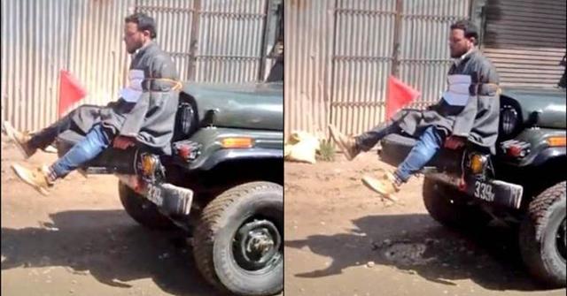 Shawl weaver Farooq Ahmad Dar tied to an army jeep as a human shield against stone pelters. (Video grab) Shawl weaver Farooq Ahmad Dar tied to an army jeep as a human shield against stone pelters. (Video grab)