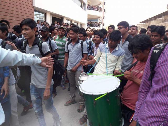 Celebrations at Resonance coaching institute in Kota on Thursday after its Udaipur branch student Kalpit Veerwal was declared JEE MAINS 2017 topper. (Handout image) Celebrations at Resonance coaching institute in Kota on Thursday after its Udaipur branch student Kalpit Veerwal was declared JEE MAINS 2017 topper. (Handout image)