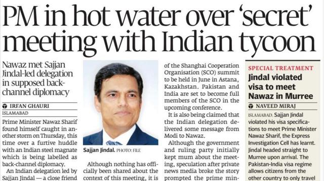Screenshot of the front page of Pakistan’s The Express Tribune newspaper with the report on the meeting between Prime Minister Nawaz Sharif and Indian steel magnate Sajjan Jindal. (A screen grab of the report in The Express Tribune.)