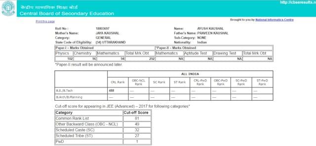 Dehradun Topper Ayush Kaushal’s marksheet. (Handout) Dehradun Topper Ayush Kaushal’s marksheet. (Handout)