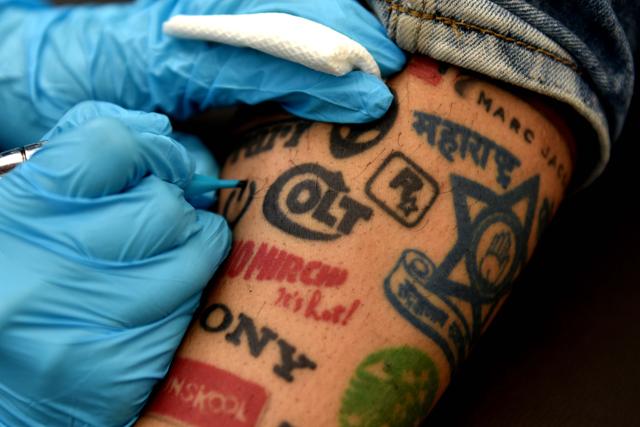 You might think a butterfly or a ladybird seems original and cute right now. But for a tattoo to stay relevant for life, it must have a real connection with your journey. Jason George holds the Limca Book of Records title for most brand logo tattoos but says he has no regrets. ‘All the logos have some connection to my life – my favourite TV channel, my first bicycle, my favourite fast-food chains,’ he adds. (Bachchan Kumar / HT Photo)