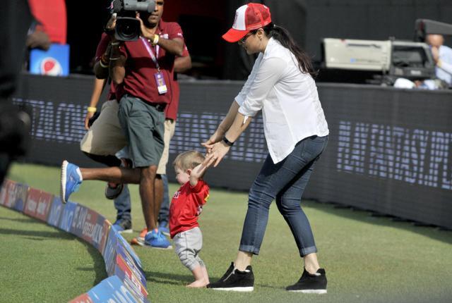 Preity Zinta, Kings XI Punjab team co-owner, with Shaun Marsh’s Son before the Indian Premier League (IPL) T20 match against Delhi Daredevils. (Ravi Kumar/Hindustan Times ) Preity Zinta, Kings XI Punjab team co-owner, with Shaun Marsh’s Son before the Indian Premier League (IPL) T20 match against Delhi Daredevils. (Ravi Kumar/Hindustan Times )