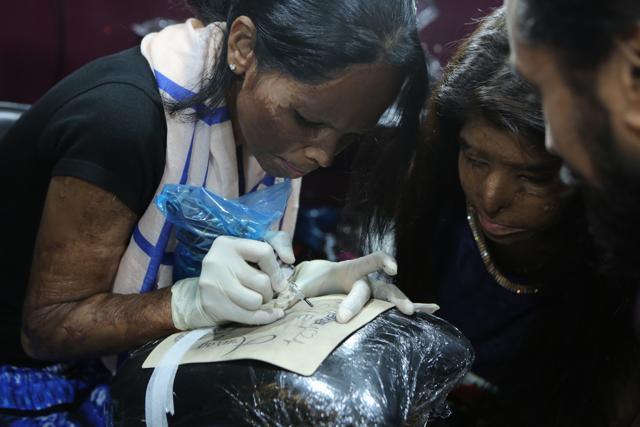 Some survivors practised making tattoos on synthetic skin. (Manoj Verma/HT Photo)