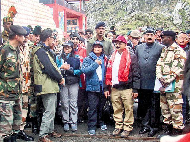 File picture of the first batch of Kailash Mansarovar Yatra pilgrims crossing into China through Nathu La in 2015. File picture of the first batch of Kailash Mansarovar Yatra pilgrims crossing into China through Nathu La in 2015.