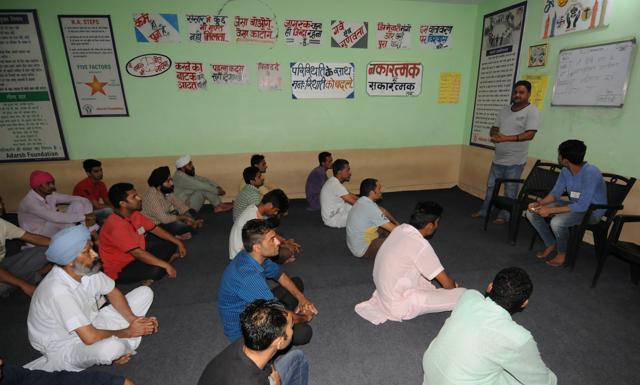 People attending a session at Adarsh Foundation Drug Counseling and Rehabilitation Centre at Rampura Phul, Bathinda. (Anil Dayal/HT Photo) People attending a session at Adarsh Foundation Drug Counseling and Rehabilitation Centre at Rampura Phul, Bathinda. (Anil Dayal/HT Photo)