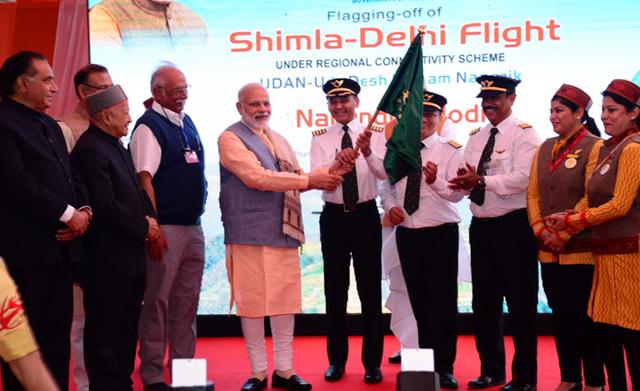 Prime Minister Narendra Modi launches the UDAN regional connectivity scheme for civil aviation at Jubbarhatti airport near Shimla. (HT Photo / Himachal PR) Prime Minister Narendra Modi launches the UDAN regional connectivity scheme for civil aviation at Jubbarhatti airport near Shimla. (HT Photo / Himachal PR)