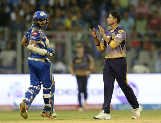 Kolkata Knight Riders’ Kuldeep Yadav (R) celebrates after taking the wicket of Mumbai Indians’ Parthiv Patel during the 2017 Indian Premier League (IPL) match at the Wankhede stadium in Mumbai on April 9, 2017. (AFP) Kolkata Knight Riders’ Kuldeep Yadav (R) celebrates after taking the wicket of Mumbai Indians’ Parthiv Patel during the 2017 Indian Premier League (IPL) match at the Wankhede stadium in Mumbai on April 9, 2017. (AFP)