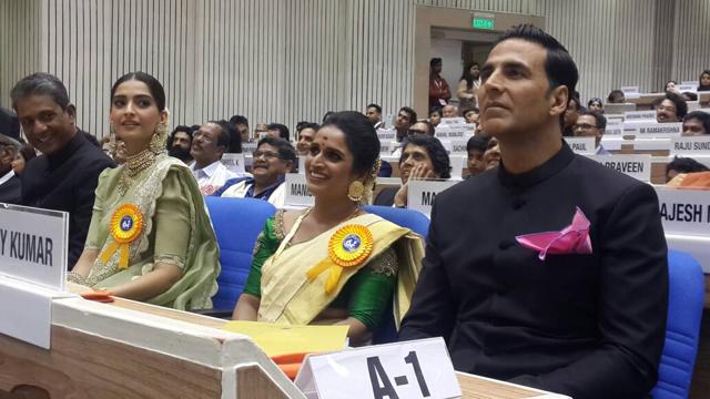 Actors Sonam Kapoor (Special Mention; for Neerja),Surabhi Lakshmi (Best Actress; for Minnaminungu) and Akshay Kumar (Best Actor; for Rustom) at the National Films Awards presentation ceremony on May 3, 2017, in New Delhi. Actors Sonam Kapoor (Special Mention; for Neerja),Surabhi Lakshmi (Best Actress; for Minnaminungu) and Akshay Kumar (Best Actor; for Rustom) at the National Films Awards presentation ceremony on May 3, 2017, in New Delhi.