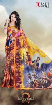 Saris with Bahubali actors Prabhas and Anushka Shetty’s pictures printed on them. Saris with Bahubali actors Prabhas and Anushka Shetty’s pictures printed on them.