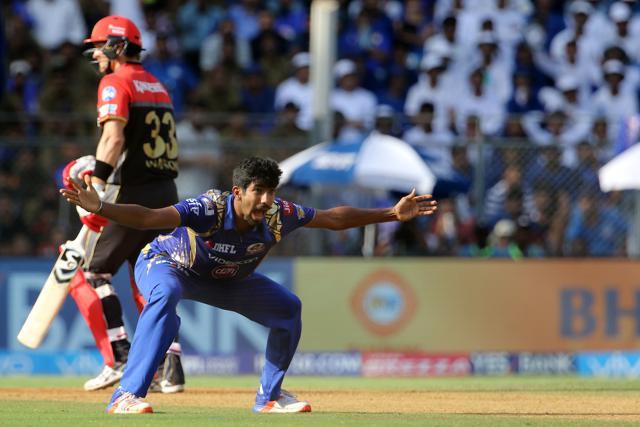 Jasprit Bumrah of the Mumbai Indians appeals unsuccessfully during the IPL 2017 match against Royal Challengers Bangalore at the Wankhede Stadium in Mumbai on May 1 (BCCI) Jasprit Bumrah of the Mumbai Indians appeals unsuccessfully during the IPL 2017 match against Royal Challengers Bangalore at the Wankhede Stadium in Mumbai on May 1 (BCCI)