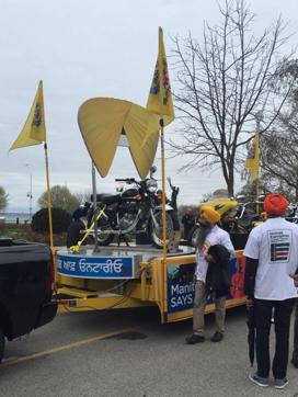 A float featuring Khalistan flags at the nagar kirtan in Toronto. (HT Photo)