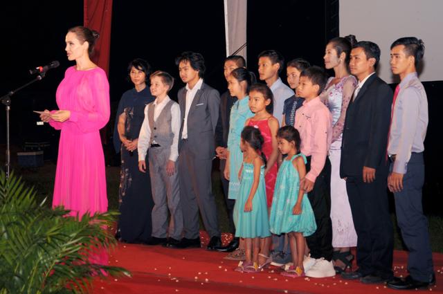 (This file photo taken on February 18, 2017 shows Hollywood star Angelina Jolie (1st-L) speaks as her children and actors of her new film stand on a stage during the premiere of Jolie's new film First They Killed My Father at the Elephant Terrace inside the Angkor park in Siem Reap. (AFP) (This file photo taken on February 18, 2017 shows Hollywood star Angelina Jolie (1st-L) speaks as her children and actors of her new film stand on a stage during the premiere of Jolie's new film First They Killed My Father at the Elephant Terrace inside the Angkor park in Siem Reap. (AFP)