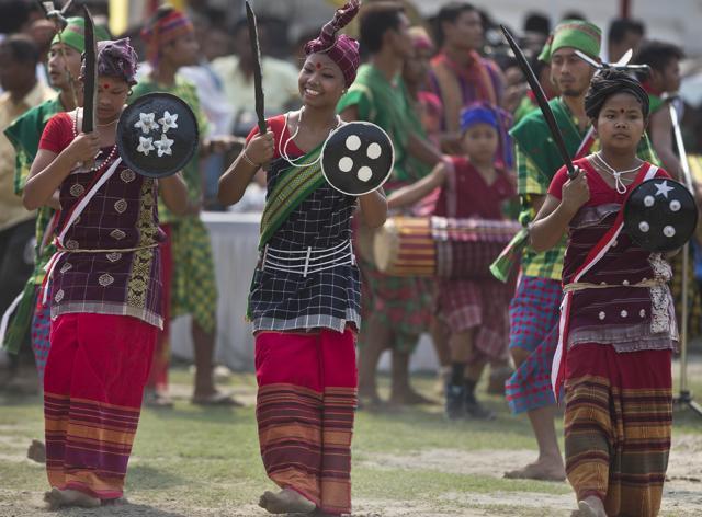 Tribal Rabha artists perform a traditional folk dance during Rongali Bihu celebrations in Guwahati last month. (AP FILE PHOTO)