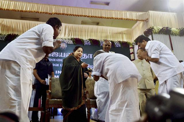 J Jayalalithaa introducing her cabinet colleagues to Tamil Nadu Governor K Rosaiah during her swearing in ceremony at Madras University Centenary Auditorium in Chennai on 23 May 2016. Jayalalithaa took over as Chief Minister for a record sixth time. (R Senthil Kumar/PTI) J Jayalalithaa introducing her cabinet colleagues to Tamil Nadu Governor K Rosaiah during her swearing in ceremony at Madras University Centenary Auditorium in Chennai on 23 May 2016. Jayalalithaa took over as Chief Minister for a record sixth time. (R Senthil Kumar/PTI)