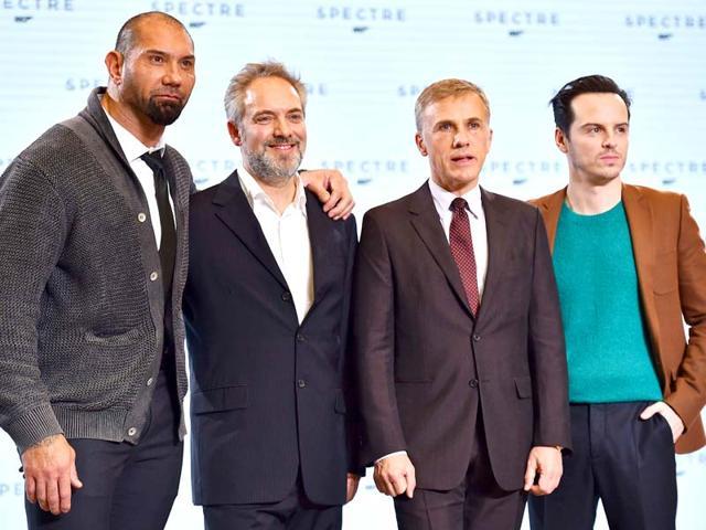 (From left) Filipino-American actor Dave Bautista, British director Sam Mendes, Austrian actor Christoph Waltz and Irish actor Andrew Scott pose during an event to launch the 24th James Bond film Spectre at Pinewood Studios in London. (AFP) (From left) Filipino-American actor Dave Bautista, British director Sam Mendes, Austrian actor Christoph Waltz and Irish actor Andrew Scott pose during an event to launch the 24th James Bond film Spectre at Pinewood Studios in London. (AFP)