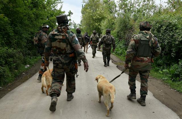 Army personnal during a search operation in Shopian district of Kashmir on Thursday. (PTI) Army personnal during a search operation in Shopian district of Kashmir on Thursday. (PTI)