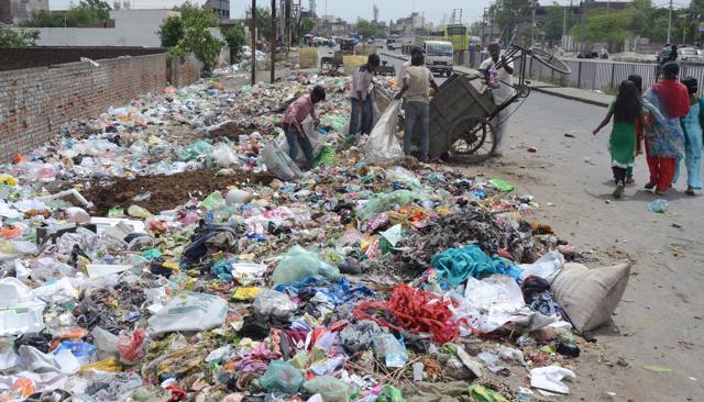 Garbage dumped on a service lane along the NH1 in Ludhiana. (HT Photo) Garbage dumped on a service lane along the NH1 in Ludhiana. (HT Photo)