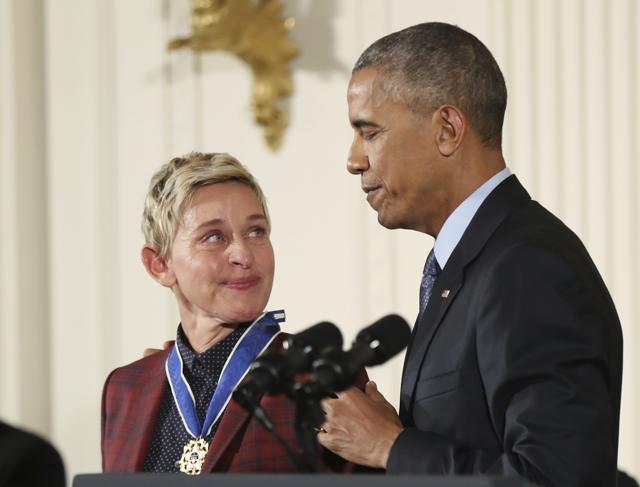In this Nov. 22, 2016 file photo, actress, comedian, and talk show host Ellen DeGeneres, glances at US President Barack Obama as she is presented the Presidential Medal of Freedom during a ceremony in the East Room of the White House in Washington. (AP) In this Nov. 22, 2016 file photo, actress, comedian, and talk show host Ellen DeGeneres, glances at US President Barack Obama as she is presented the Presidential Medal of Freedom during a ceremony in the East Room of the White House in Washington. (AP)