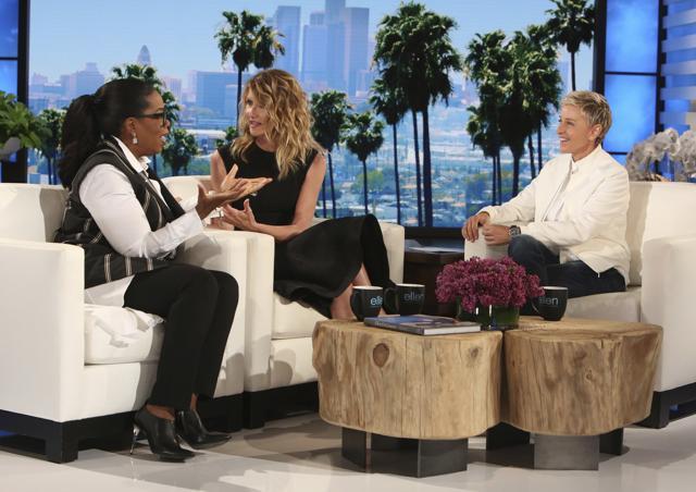 In this April 5, 2017 photo released by Warner Bros., Oprah Winfrey, left, and Laura Dern appear with host Ellen DeGeneres at a taping of The Ellen DeGeneres Show in Burbank, Calif. Twenty years ago Winfrey and Dern guest-starred with DeGeneres in an episode of her comedy series Ellen, where she declared she was gay. (AP) In this April 5, 2017 photo released by Warner Bros., Oprah Winfrey, left, and Laura Dern appear with host Ellen DeGeneres at a taping of The Ellen DeGeneres Show in Burbank, Calif. Twenty years ago Winfrey and Dern guest-starred with DeGeneres in an episode of her comedy series Ellen, where she declared she was gay. (AP)