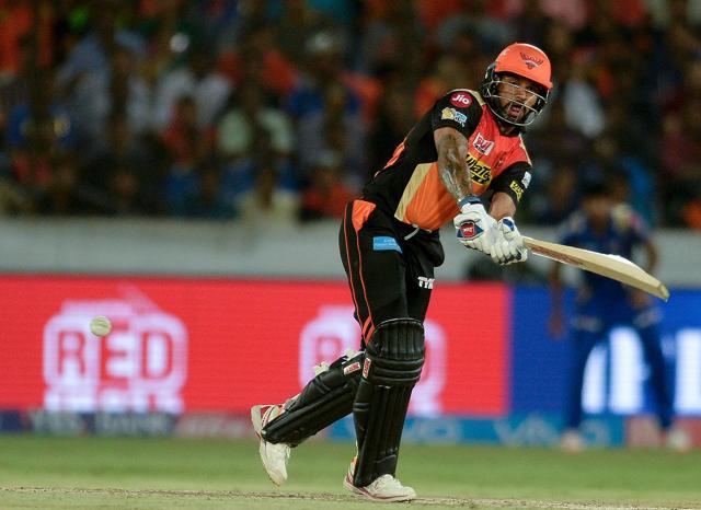 Sunrisers Hyderabad’s Shikhar Dhawan plays a shot during the 2017 Indian Premier League match against Mumbai Indians. (AFP) Sunrisers Hyderabad’s Shikhar Dhawan plays a shot during the 2017 Indian Premier League match against Mumbai Indians. (AFP)