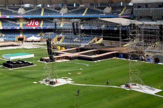 Preparations in full swing at DY Patil Stadium Nerul in Navi Mumbai on Sunday for Justin Bieber's first Musical Concert in India. (PTI) Preparations in full swing at DY Patil Stadium Nerul in Navi Mumbai on Sunday for Justin Bieber's first Musical Concert in India. (PTI)