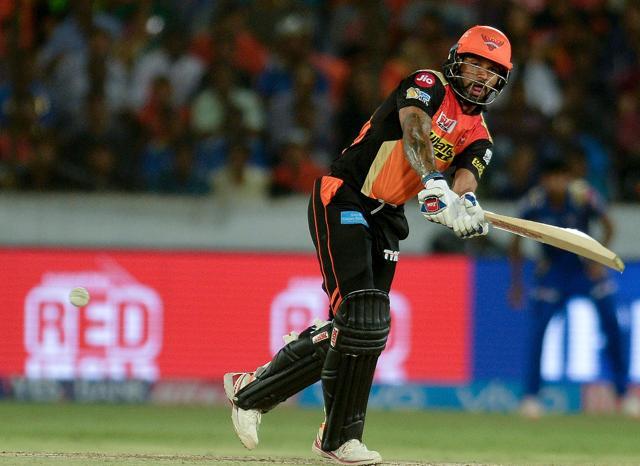Sunrisers Hyderabad batsman Shikhar Dhawan glances one to the boundary in his match-winning innings against Mumbai Indians during their Indian Premier League match in Hyderabad on May 8. (AFP) Sunrisers Hyderabad batsman Shikhar Dhawan glances one to the boundary in his match-winning innings against Mumbai Indians during their Indian Premier League match in Hyderabad on May 8. (AFP)