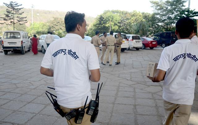 Maharashtra police personnel deployed outside the venue. (Bachchan Kumar) Maharashtra police personnel deployed outside the venue. (Bachchan Kumar)