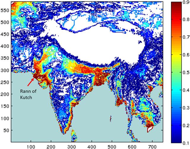 Habitability of locations in the South Asian subcontinent. The red regions indicate highly habitable places; white zones denote regions that lie more than 4,000 metres above sea level and are, therefore, deemed uninhabitable. (Courtesy: Tata Institute of Fundamental Research) Habitability of locations in the South Asian subcontinent. The red regions indicate highly habitable places; white zones denote regions that lie more than 4,000 metres above sea level and are, therefore, deemed uninhabitable. (Courtesy: Tata Institute of Fundamental Research)