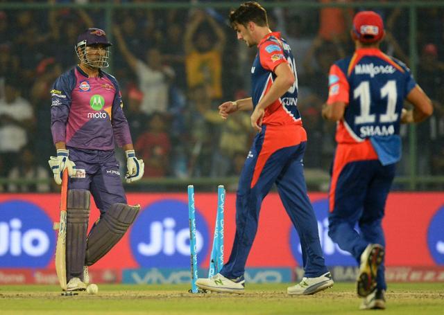 Delhi Daredevils (DD) bowlers Pat Cummins (C) and Mohammad Shami celebrate the run-out of Rising Pune Supergiant (RPS) batsman MS Dhoni (L) during their Indian Premier League (IPL) match at the Feroz Shah Kotla in New Delhi on May 12. (AFP) Delhi Daredevils (DD) bowlers Pat Cummins (C) and Mohammad Shami celebrate the run-out of Rising Pune Supergiant (RPS) batsman MS Dhoni (L) during their Indian Premier League (IPL) match at the Feroz Shah Kotla in New Delhi on May 12. (AFP)