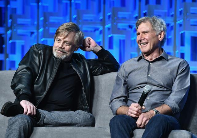 Mark Hamill and Harrison Ford attend the Star Wars celebrations. (AFP)