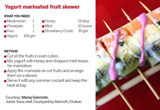 Indulge her with yogurt marinated fruit skewer.
