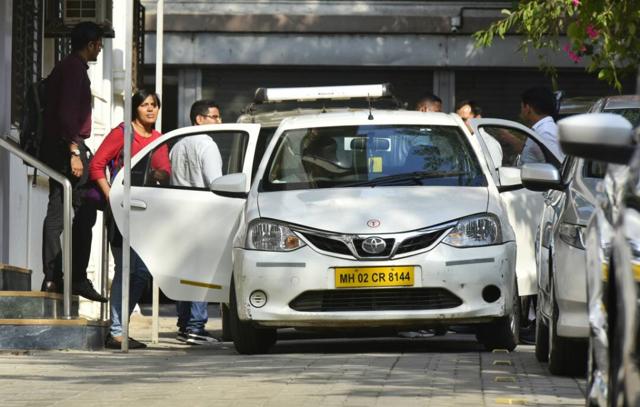 The five-member team outside Mukerjea’s home on Tuesday. (Anshuman Poyrekar/HT) The five-member team outside Mukerjea’s home on Tuesday. (Anshuman Poyrekar/HT)