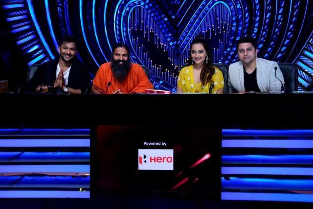 Baba Ramdev with the judges of the dance reality show. Baba Ramdev with the judges of the dance reality show.