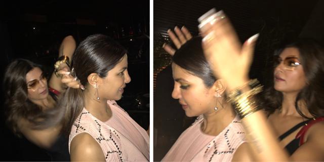 Sushmita fixing Priyanka’s hair before a party. Sushmita fixing Priyanka’s hair before a party.