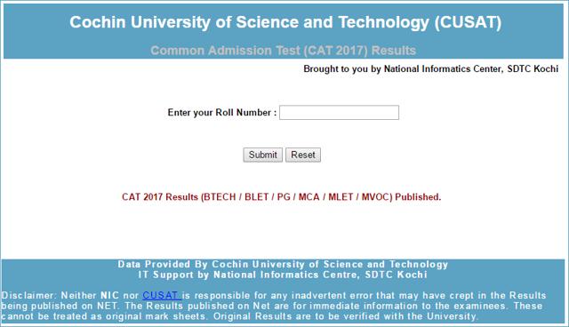 CUSAT CAT 2017 results declared, visit cusatresults.nic.in to check ...