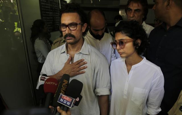 Aamir Khan and Kiran Rao at Reema Lagoo’s funeral. (AP) Aamir Khan and Kiran Rao at Reema Lagoo’s funeral. (AP)